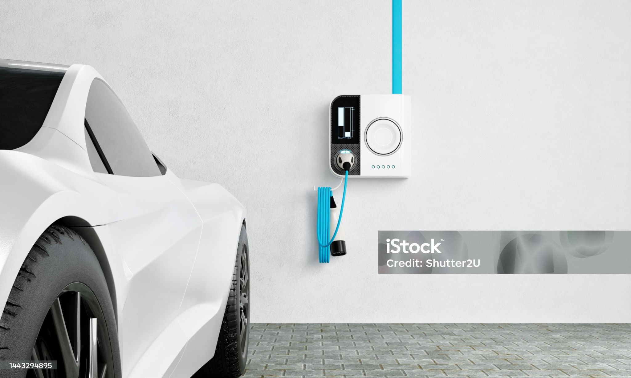 High-speed charging station for electric vehicles at home garage with blue energy battery charger. Fuel power and transportation industry concept. 3D illustration rendering